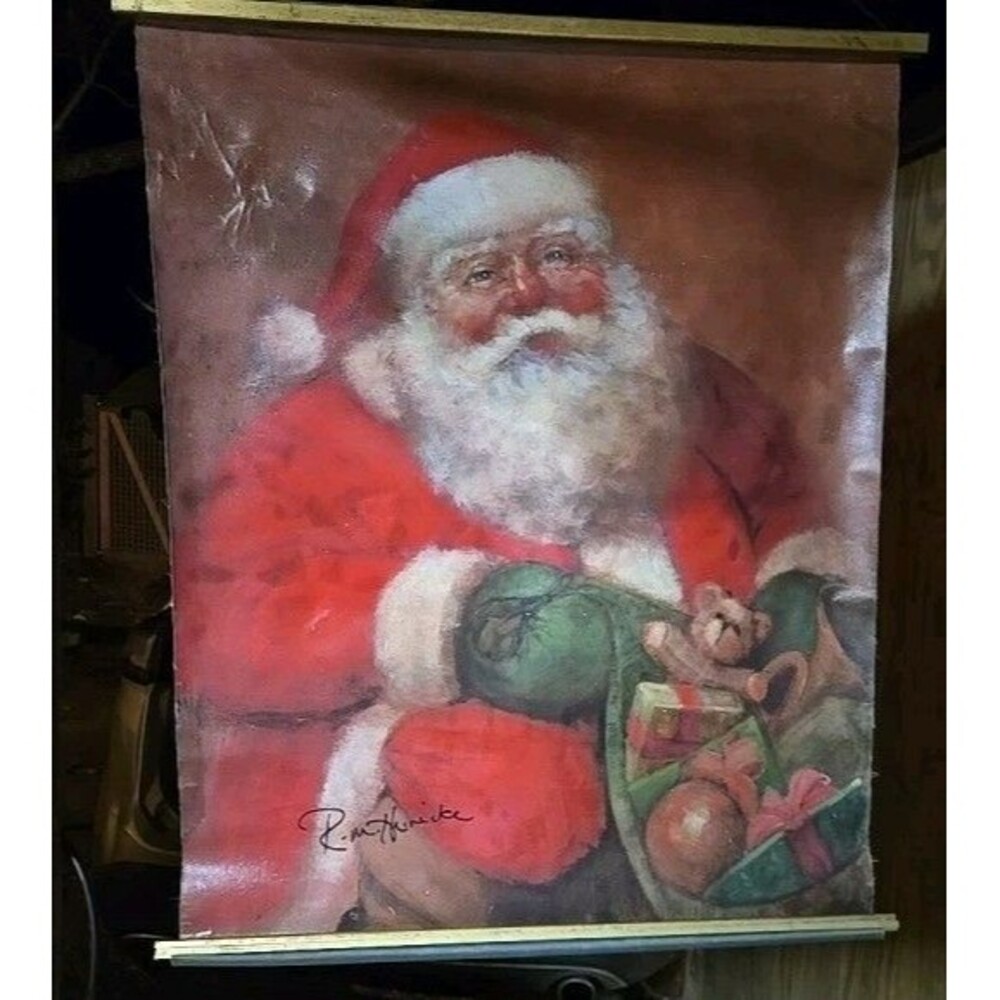 VINTAGE SANTA On Canvas Painting Hanging 42 X 36 Signed By R.M. Heinicke